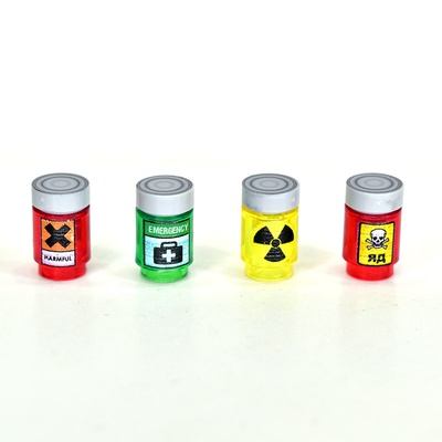 Реактивы для мини лаборатории (радиация, biohazard, кислота, яд и т.д.) набор деталей с крышками 16 шт. не лего.