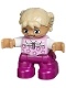 Duplo Figure Lego Ville, Child Girl, Magenta Legs, Bright Pink Top with Flowers, Tan Hair with Braids, Rectangular Blue Eyes