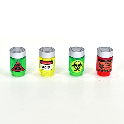Реактивы для мини лаборатории (радиация, biohazard, кислота, яд и т.д.) набор деталей с крышками 16 шт. не лего.