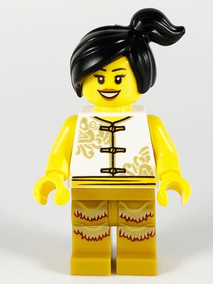 Woman, Lion Dance, White Shirt, Gold Legs with Fringe