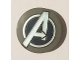 Tile, Round 2 x 2 with Bottom Stud Holder with Silver Avengers Logo Pattern (14769pb259)
