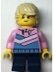 Bright Pink Hoodie, Medium Blue and White Diagonal Stripes, Dark Blue Short Legs, Tan Hair, Freckles, Smile (cty1361)