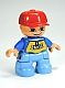Duplo Figure Lego Ville, Child Boy, Medium Blue Legs, Blue Top with 'SKATE' Pattern, Red Cap